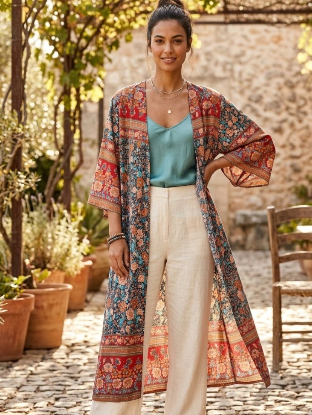 Natural Life Floral Patchwork Duster Kimono - Teal, Rust, Navy W Tie Wrap Dress